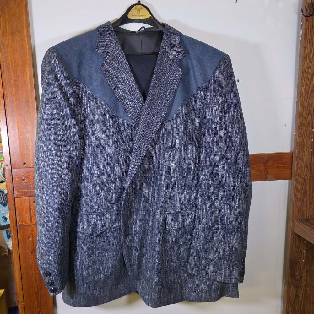 Vintage Circle S Men's Western Sport Coat Herringbone Blazer with Suede Yokes